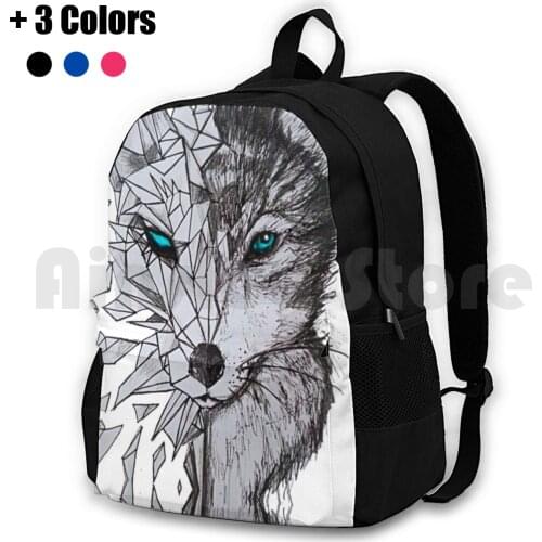 Geometric Wolf Outdoor Hiking Backpack Waterproof Camping Travel Cool Pretty Wolf Nature Sketch Lines Blue Fox Hipster Girls
