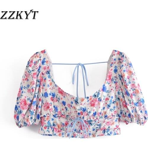 ZZKYT 2021 Women Summer Vintage Floral Print Cropped Blouses Fashion Square Collar Puff Sleeve Female Shirts Blusas Cute Tops