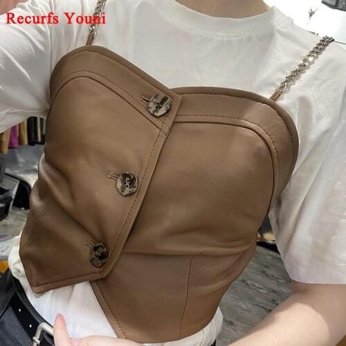 Women Sexy Clothing 2021 New Femme Silver Chain Sling Elastic Tube Top Genuine Leather Outer Wear Bra Suspender Club Streetwear