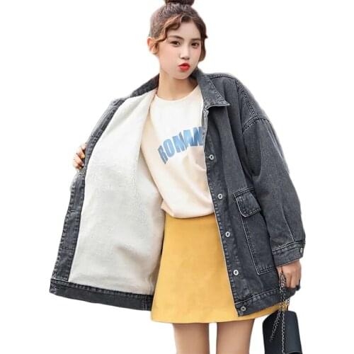 2021 Autumn Winter New Plus Velvet Thick Warm Denim Jacket Female Harajuku Parker Casual Basic Outerwear Womens Bomber Overcoat