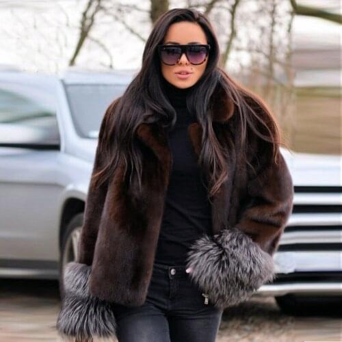 Women Winter New Genuine Mink Fur Jacket with Silver Fox Fur Sleeve Cuffs 2021 Fashion Real Mink Fur Coat Outwear Natural Woman