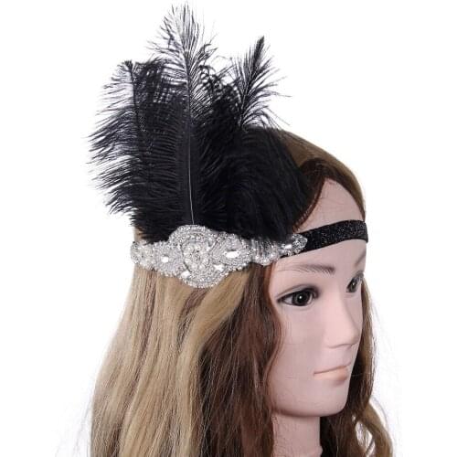 Hair Accessories Black Rhinestone Beaded Sequin Hair Band 1920s Vintage Gatsby Party Headpiece Women Flapper Feather Headband