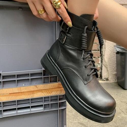 Handmade Genuine Leather Women Short Boots Buckle Strap Chunky Sole Height Increasing Cross Tied Cow Leather Women Ankle Boots