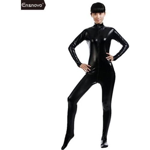 Ensnovo Womens Shiny Spandex Turtle Neck Crotch Zipper Front Catsuit Halloween Costumes for Women Cosplay Catsuit Costume