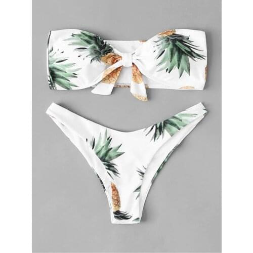 Popular Women Bandeau Bandage Bikini Set Womens Two Piece Leaves Print Sexy Split Swimsuit Bikini Swimsuit Beachwear купальники