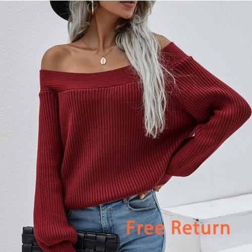 Casual Knitted Long-sleeved Tops Fashion Off-the-shoulder Womens Sweaters Loose Plus Size Pullover Autumn and Winter Slash Neck