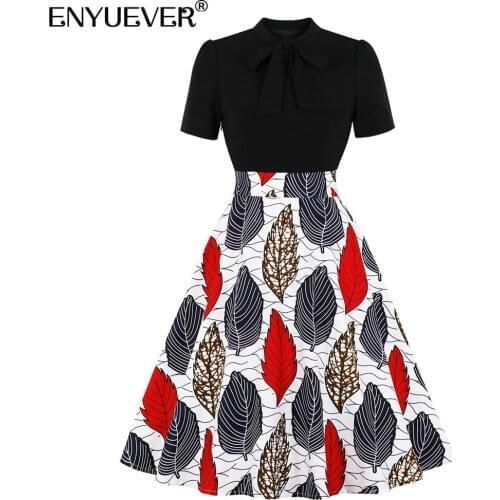 Enyuever Elegant Women Dress Cotton Short Sleeve Bow Neck High Waist Leaf Print Black Patchwork Robe Retro Swing Summer Dresses