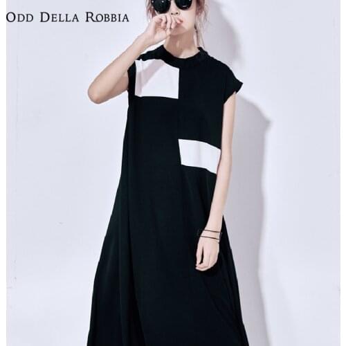 OddDellaRobbia Women Summer Sleeveless Loose Color Blocking Chiffon Elegant Stand Up Collar Dress Casual Long Skirt 265