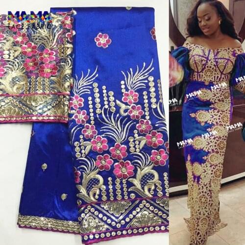 2.5+2 Yards Embroidered George Lace Fabric With BLouse For India Wedding Dresses Royal Blue New Fashion Gold Line Guipure George