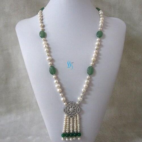 27" 4-11mm White Freshwater Pearl Necklace Stone Tassel Jewelry A-25