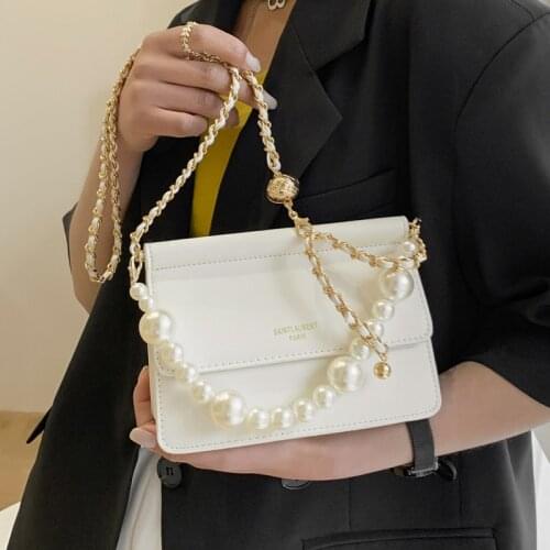 White Chain Crossbody Handbags for Women Luxury Pu Leather Shoulder Bag Brand Pearl Tote Bag Small Flap Ladies Messenger Bag Sac