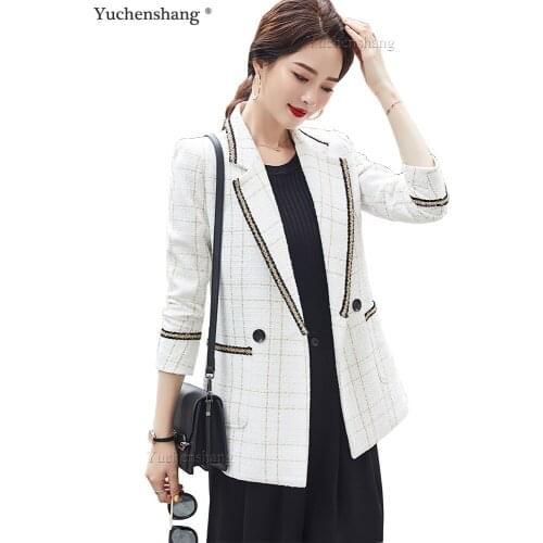 Double Breasted White Black Plaid Women Blazer With Pockets Fashion Female Coat Outwear High Quality Loose Girl Jackets