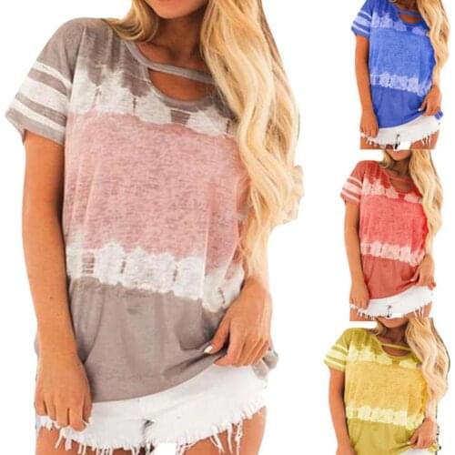 Blouses Woman Summer Stripe Gradient Short Sleeve Round Neck Loose Fit T-shirt Tee Top Blouse female Plus Size clothing fashion