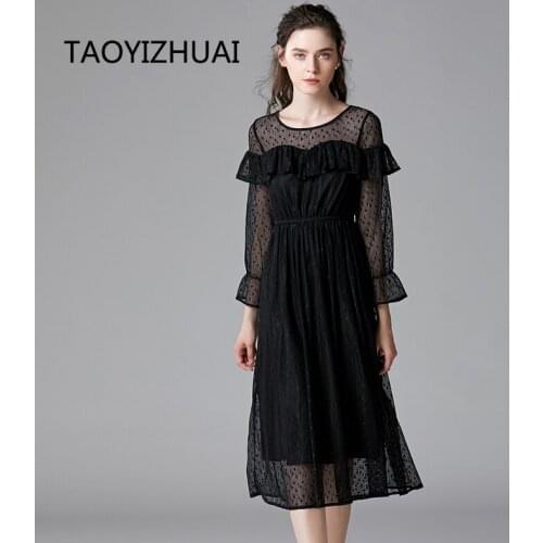 Brand Black Polka Dot lace dress spring and autumn new French Platycodon skirt Victoria fashion elastic waist oversize dress