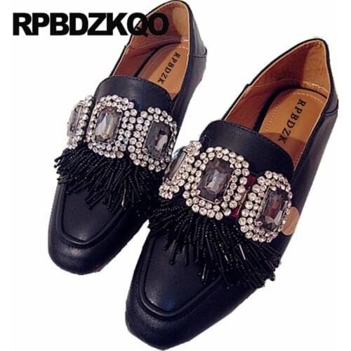 Diamond beaded slippers mules genuine leather slip on crystal rhinestone square toe black loafers flats party women dress shoes