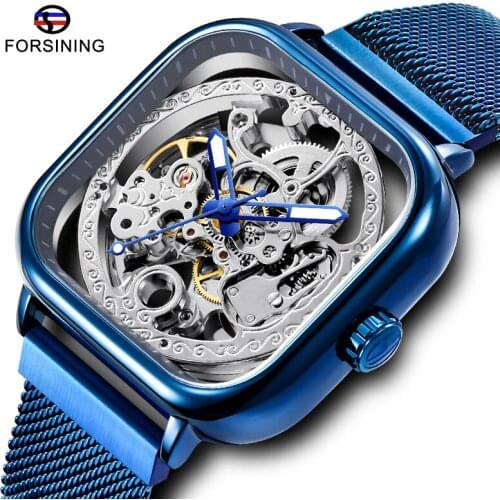 Fashion Forsining Men Mechanical Watches Automatic Self-Wind Blue Mesh Steel Wristwatch Skeleton Male Clock