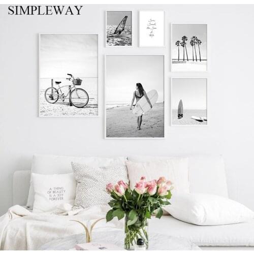 Black White Beach Seascape Canvas Wall Art Poster Nordic Print Surfboard Woman Palm Painting Decorative Picture Home Decoration