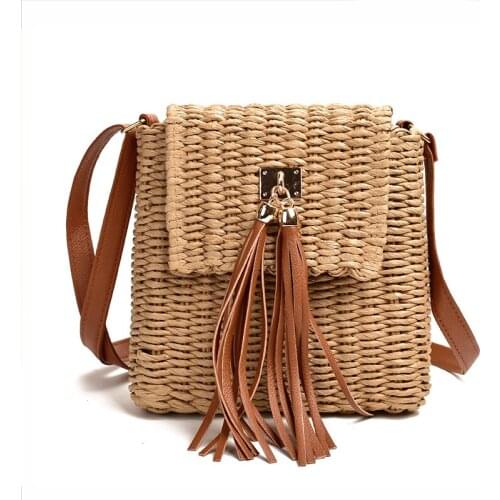 Womens Summer Straw Bag Paper Rope Cross-body bag Tassel Bell Bag Beach Messenger Bag