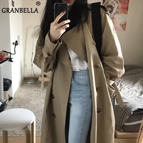 Double Breasted Long Trench Coat For Women Slim Belted Female Cloak Casual All-match Khaki Windbreaker Plus Size