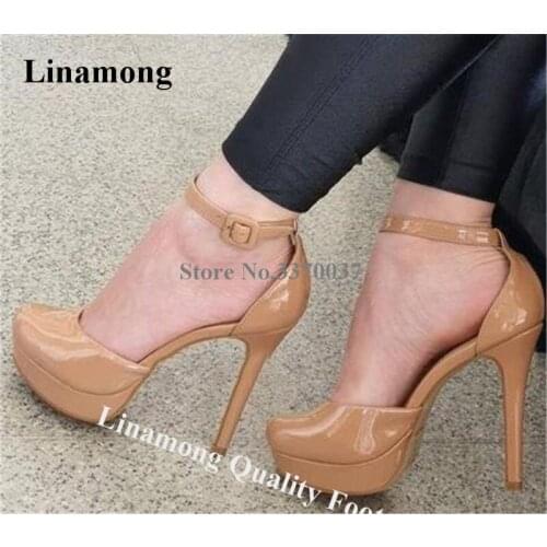 Linamong Elegant Round Toe Patent Leather High Platform Stiletto Heel Pumps Nude Black Ankle Strap Buckle High Heels Dress Shoes
