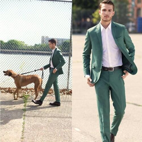 Hot Green Mens Wedding Tuxedos 2 Pieces Notched Lapel Two Button Groom Wear Prom Party Blazer Jacket (Jacket+Pants)