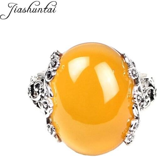 JIASHUNTAI Vintage 925 Sterling Silver Rings Retro Thai Silver Natural Yellow Stone Jewelry For Women
