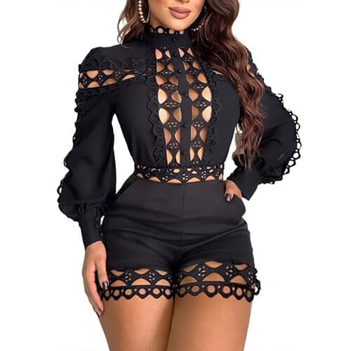 Women Sexy Hollow Out Playsuits Lady Girls Summer Long Sleeve Skinny Nightclub Overall Fashion Woman Party Nightwear Clothing