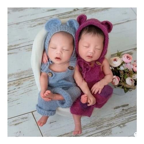 Cute Bear Hat and Overalls Set Soft Mohair Bebe Photo Clothes Jumsuit Newborn Baby Infant Photography Props Boy Girl Outfits