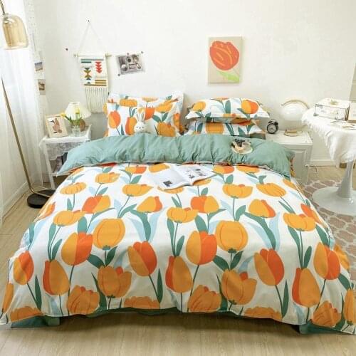 Bedding Set Queen King Size Turmeric Flower Pattern Quilt Covers For Double Bed Solid Color Flat Sheet With Pillowcase