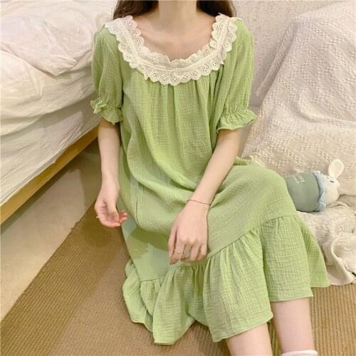 Lace Patchwork Summer Nightgown Women Long Dress Loose Sleepwear Cotton Kawaii Korean Home Clothes Sweet Homewear