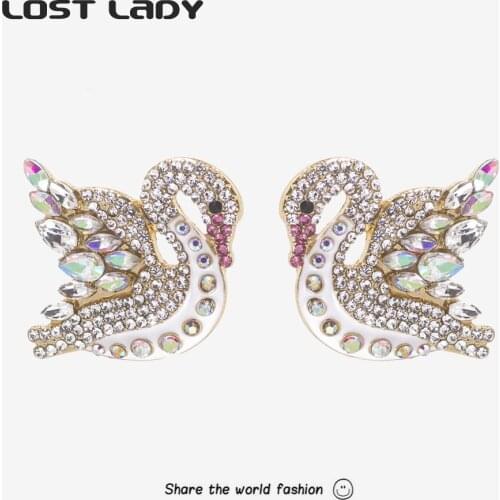 Lost Lady Cute Fashion Swan Stud Earrings Rhinestone Shiny Earrings for Women Creative Modern Female Party Jewelry Gift