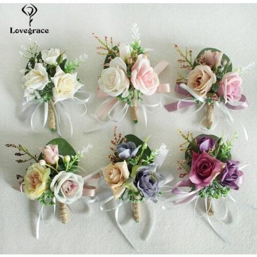 Lovegrace Wedding Boutonniere Flower Bridesmaid Wrist Corsage Bracelet Groom Boutonniere Marriage Wedding Witness Pink Silk Rose