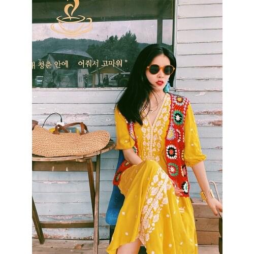 Makuluya Colorful Flower Floral Fashion Women Girl Spring Summer Hole Hollow Out Manual Chic Bohemian Vintage Casual Vest Coats