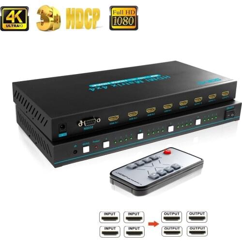 HDMI Matrix Switch 4x4, 4K HDMI Matrix Switcher Splitter 4 in 4 Out Matriz with RS232,IR Remote Switch Support 4Kx2K@30Hz,1080P