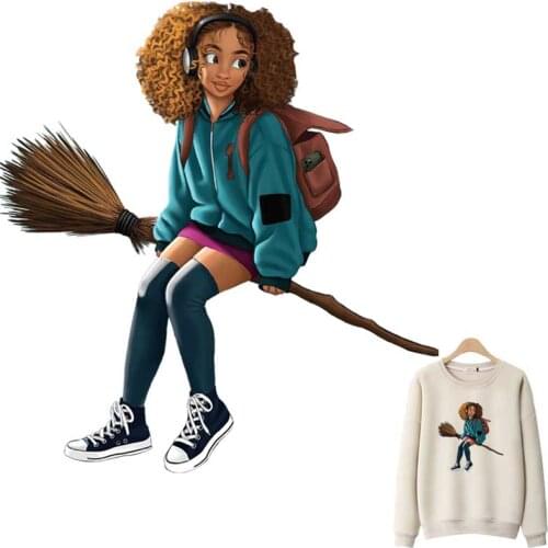 Patches For Clothes Girl Riding A Broom DIY Washable Woman T-Shirts Thermo Adhesive Sticker Exquisite Iron-On Transfers Applique