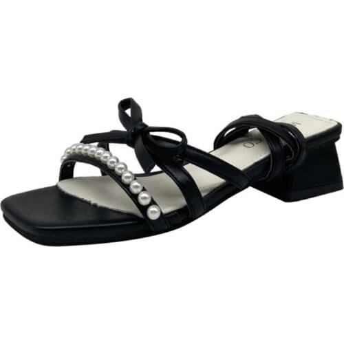 New womens sandals fashion pearl bow tie with square roots light and comfortable all-match casual sandals womenHKGS