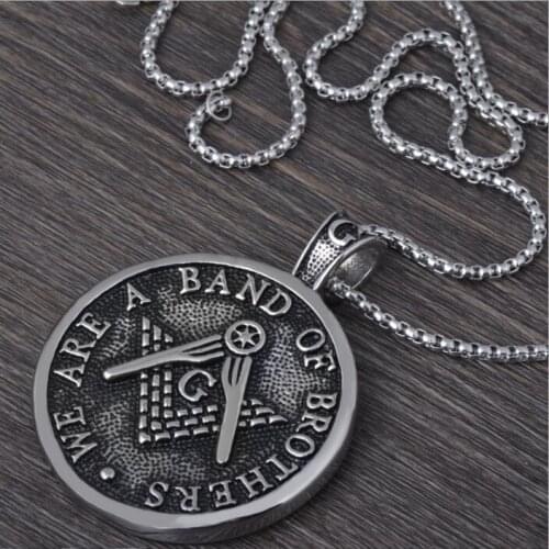 WholeSale 10pcs/lot Titanium Stainless Steel Freemason Masonic Freemasonry Mens Round pendant & necklace chain 60/70cm Vintage