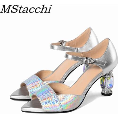 Mstacchi Sexy Diamond Heels Sandals Crocodile Print Solid Color Pointed Toe Leather Crude Heel Shoes Metal Decoration Sandals