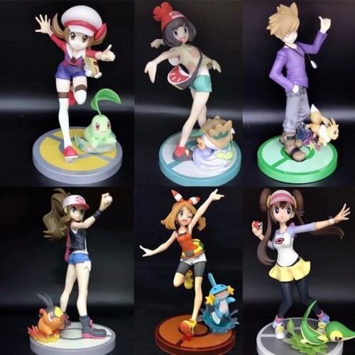 Pokemon Anime Doll Toys Figure Hilda Tepig Selene Rowlet Silver Chikorita Blue Oak Eevee May Mudkip Rosa Snivy Model Collections