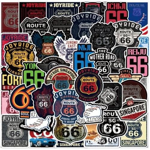 50Pcs Retro Route 66 Stickers Skateboard Guitar Motorcycle Bicycle Travel Luggage Fridge DIY PVC Cool Stickers Kids Classic Toys