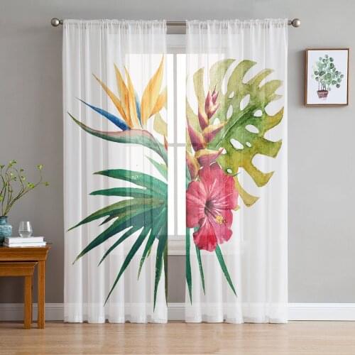 Tropical Watercolor Plant Flower Tulle Sheer Window Curtains for Living Room Kitchen Children Bedroom Voile Hanging Curtain