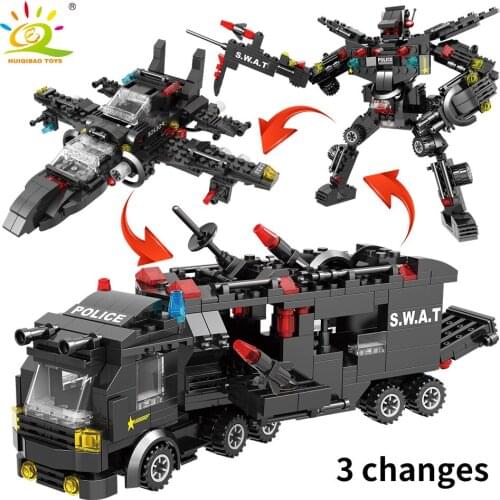 418PCS 8in1 SWAT Aircraft Truck Robot Building Blocks Kit City Police Weapon Vehicle Bricks Toys for Boy Children