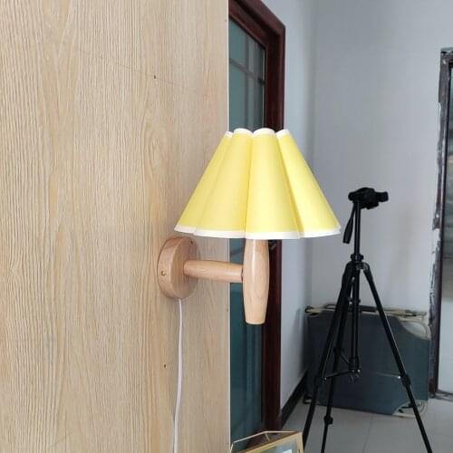 Xianfan new Japanese style wood base Kitchen bedroom studying wall lamp with vintage cloth petal lampshade E27 night light