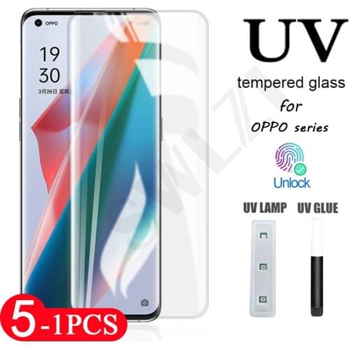 5-1Pcs UV Glass for OPPO Find X X2 X3 Reno 3 4 5 pro plus 5G UV tempered glass phone screen protector protective film smartphone