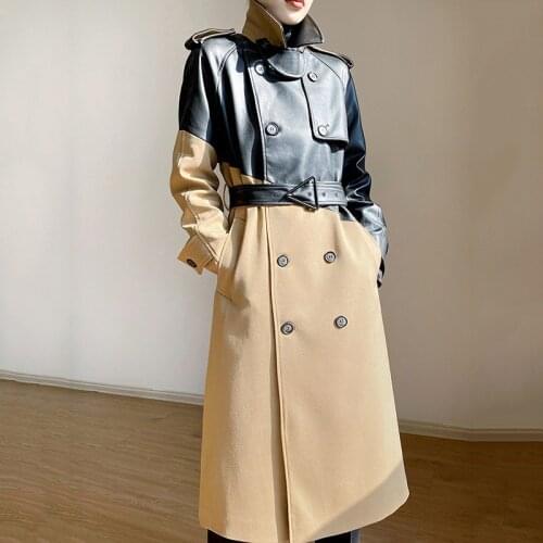 Unua amo Patchwork Windbreaker For Women Temperament Slim Overcoat 2021 Fashion Hit Color Spliced PU Leather Spring Coat Female