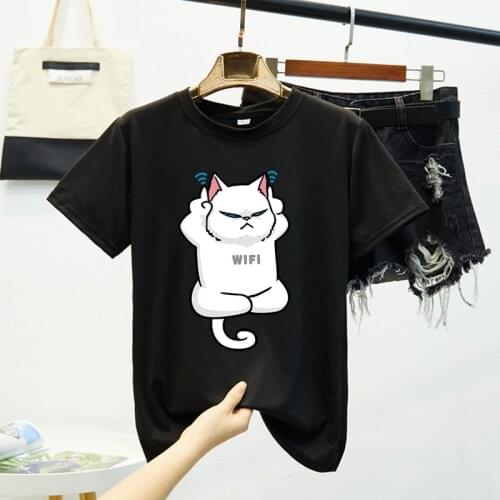 Women Wifi Letter Printed Cartoon Cat Tees Summer T-Shirts Fashion Slim T Shirt Feminina Outdoor Cute Kwaii Short Tops 2020 New