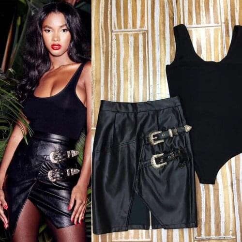 2021 New Fashion Summer Black Women Two Pieces Set High Quality Sleeveless Bodycon Bandage Bodysuit & Mini Skirt