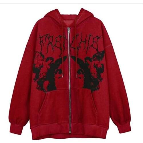 2021 Korean Version Y2K Hip-Hop Women/Men Angel Print Raglan Sleeve Catch Fleece Vintage Casual Loose Zipper Hooded Sweatshirts