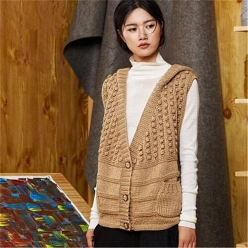 100% hand made pure wool hooded knit women sweet single breasted solid loose vest sweater camel 7color customized