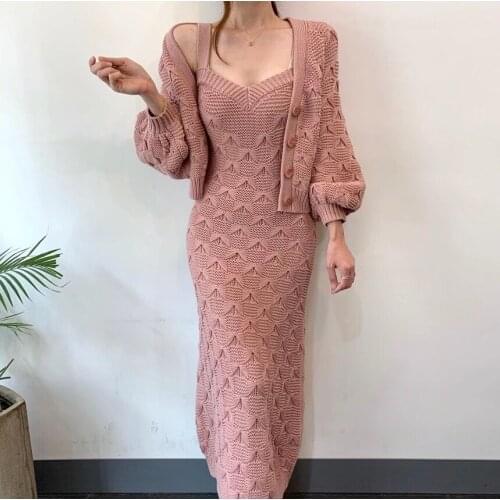 New Winter Two-Piece Set Fashion Ladies knitting Long Sleeve Cardigan Jacket + Sexy Spaghetti Strap Dress Sweater Suit